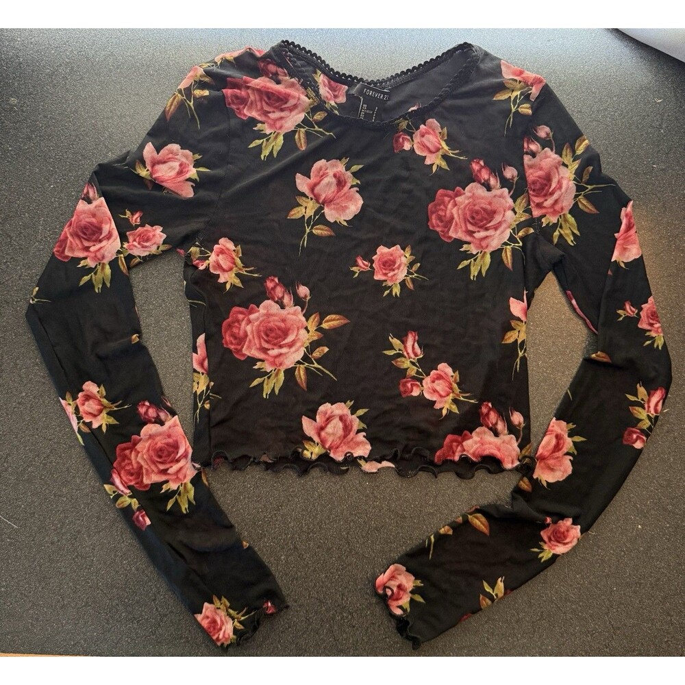 Sheer pink rose floral crop top S black long sleeve Whimsygoth Fairy Forever21